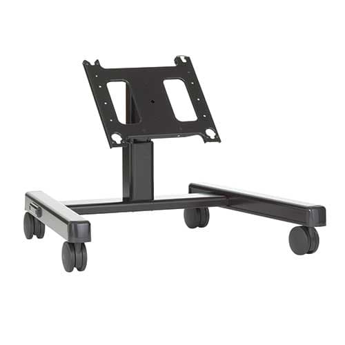 Chief PFQUB confidence monitor cart in black, three-quarter view with no display fitted, showing the large tilted VESA interface plate on a short column above a wide four-castor base.