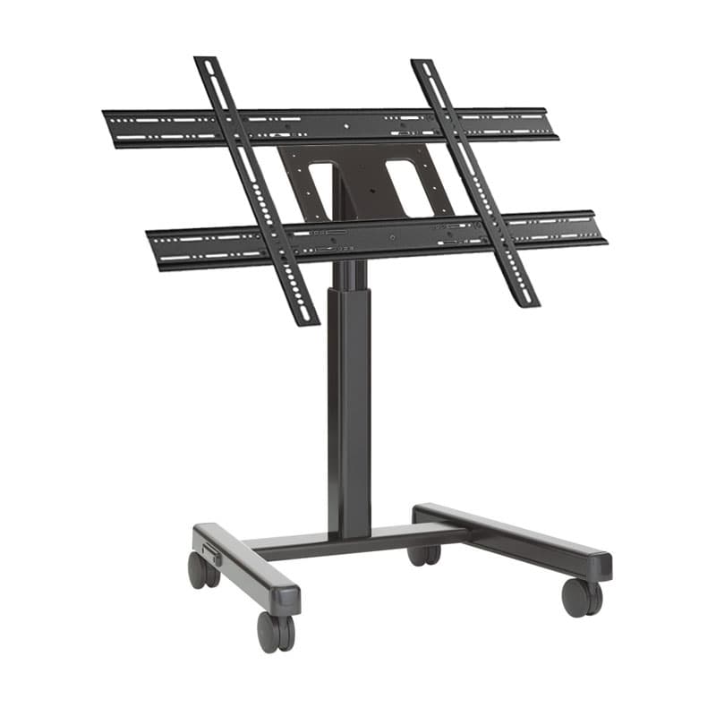 Chief PFMUB large confidence monitor cart in black, three-quarter view with no display fitted, showing the twin universal interface rails on the tilting head, the black telescoping column and the four-castor black base.