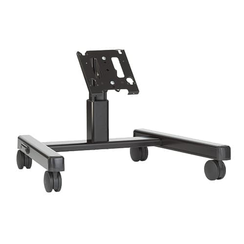 Chief MFQUB medium confidence monitor cart in black, three-quarter view with no display fitted, showing the tilted VESA interface plate on a short column above a wide four-castor base.