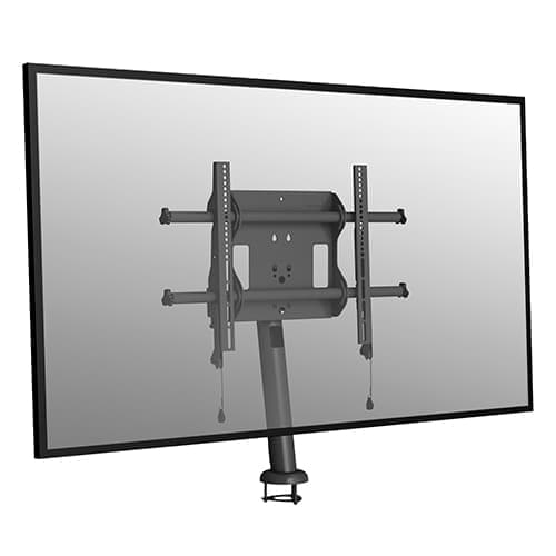 Chief LDB1U Fusion bolt-down table stand in black, front three-quarter view with a ghosted display fitted, showing the column passing through the worksurface and its underside fixing.