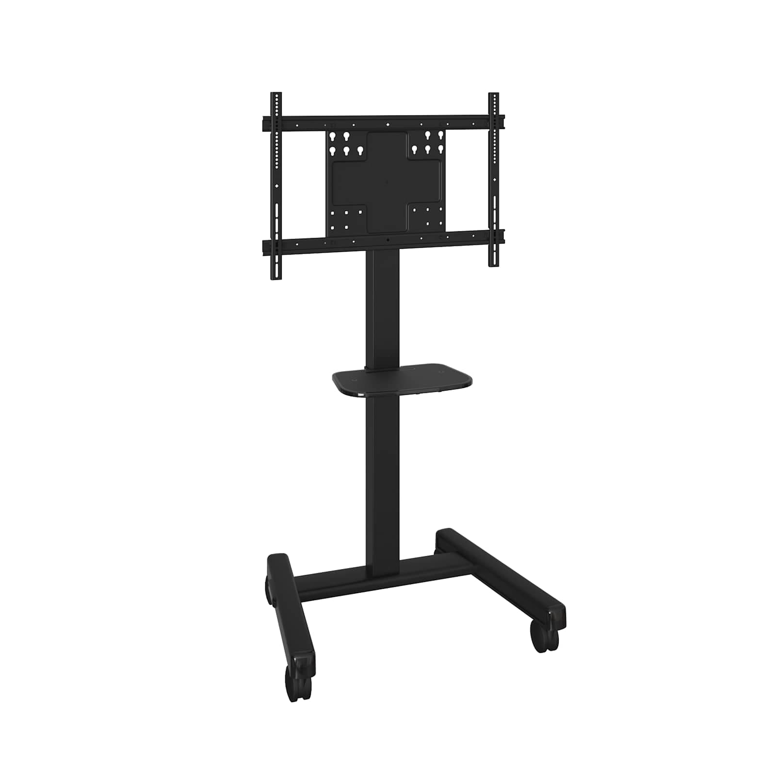 Chief RFCUB Fit mobile cart in black, front view with no display fitted: wide VESA mounting rails on a single central column, the included accessory shelf part way down, and a T-shaped four-castor base.