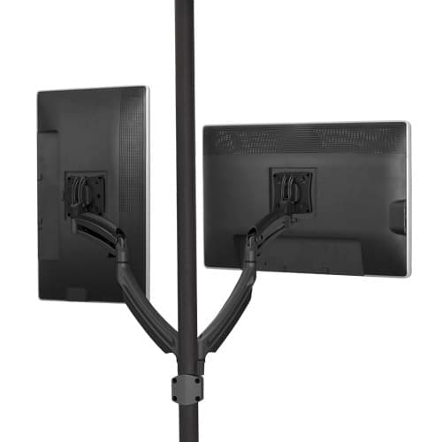 Chief K1P220B shown from behind with two monitors on dynamic arms clamped either side of a black vertical pole.