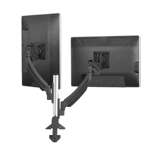 Chief K1C220B shown from behind with two monitors on dynamic arms fitted to a silver desk column and clamp base.