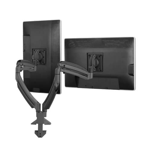 Chief K1D220B shown from behind with two monitors on dynamic arms rising from a single black desk clamp base.