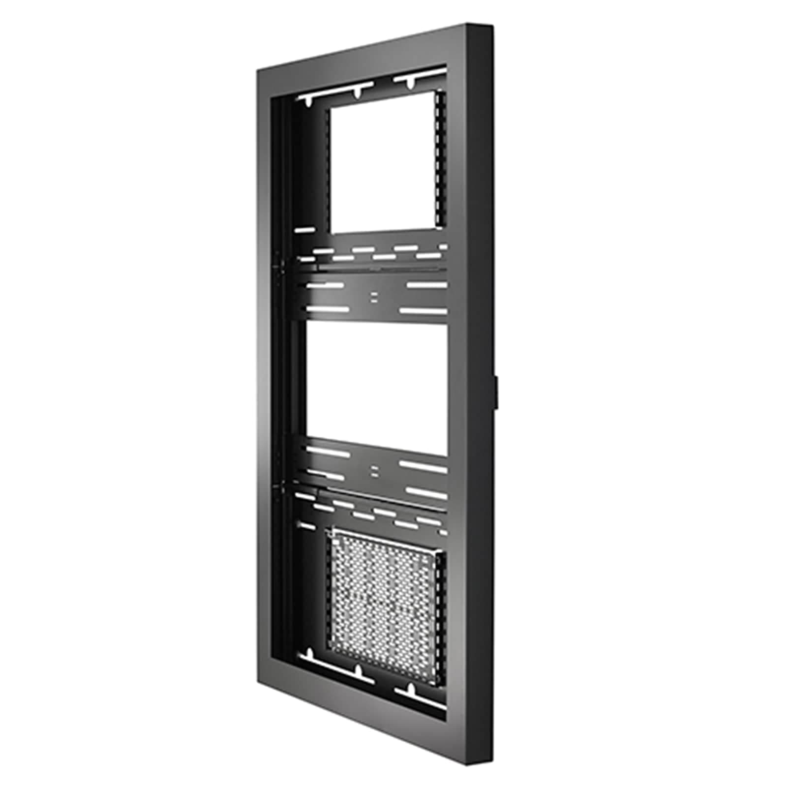 Chief LW55UBP Impact on-wall kiosk enclosure in black, portrait 55 inch, shown open with the internal display rails and vented equipment tray visible