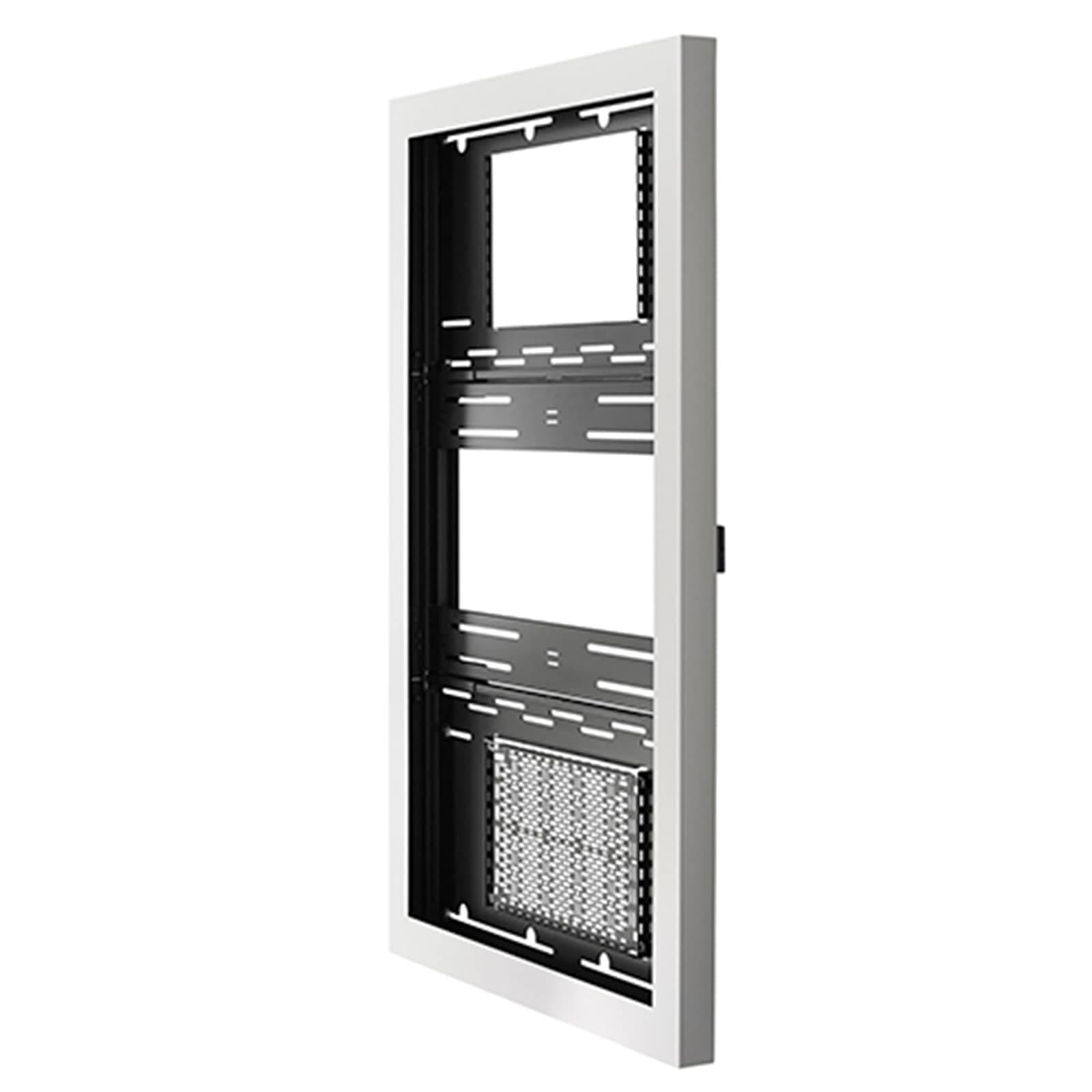 Chief LW55UWP Impact on-wall kiosk enclosure in white, portrait 55 inch, shown open with the internal display rails and vented equipment tray visible