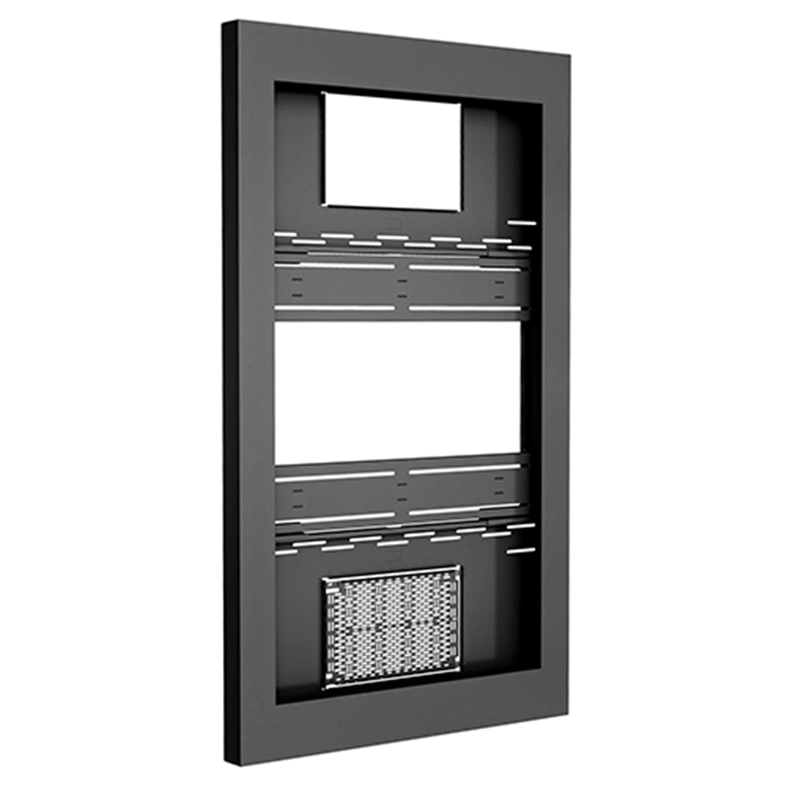 Chief LW65UBP Impact on-wall kiosk enclosure in black, portrait 65 inch, door removed to show the internal display rails, cable aperture and vented equipment tray