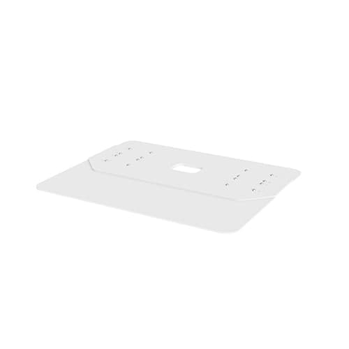 Chief PACLFW freestanding single-sided kiosk base: a flat white steel plate with a central cable slot and pre-drilled fixing holes