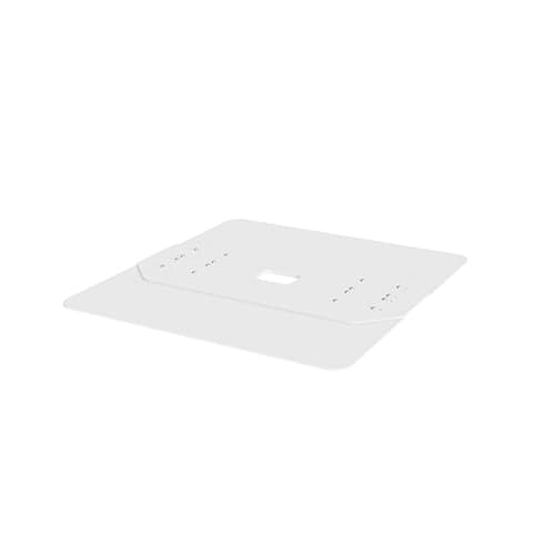 Chief PACLFW-B2B freestanding double-sided kiosk base: a flat white steel plate, deeper than the single-sided version, with a central cable slot and pre-drilled fixing holes