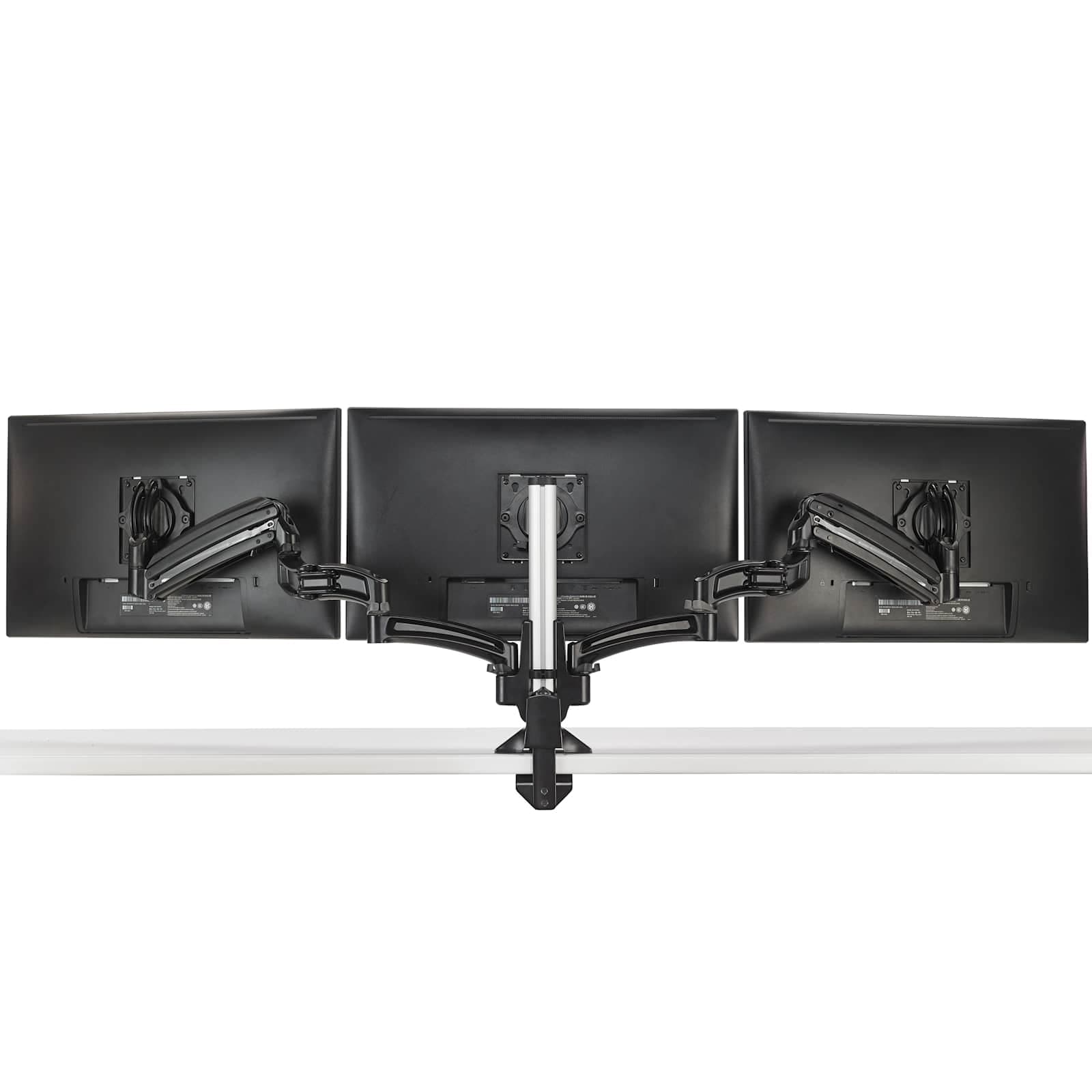 Chief KXC330B Kontour KX triple monitor column desk mount in black, clamped to a desk edge with three articulating arms and VESA heads fitted, no monitors attached.