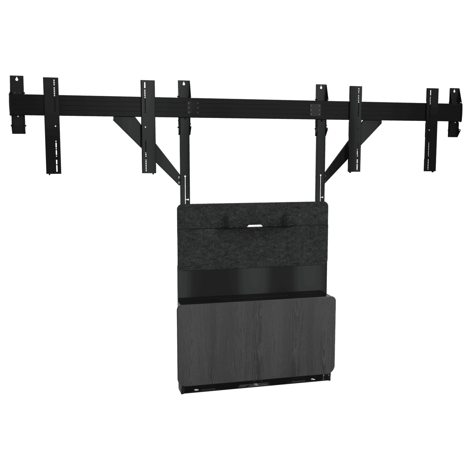 Chief TFSA2X extra-large dual-display rail shown fitted to a Forum floor support mount, with four vertical display interface brackets spread across the extended horizontal rail above the felt-faced body and woodgrain storage door.