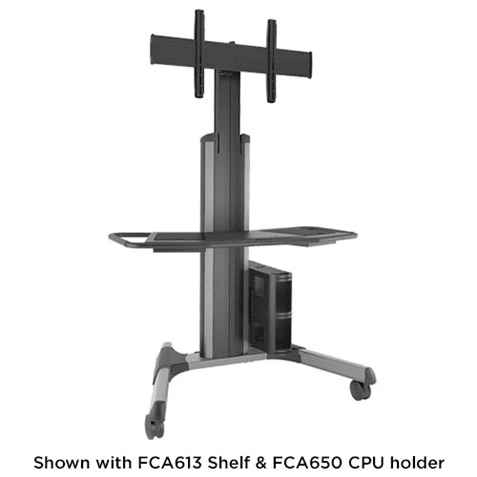 Chief LPAUS large Fusion mobile AV cart in silver, shown from the front with the crossbar display interface, a mid shelf and a CPU holder fitted. Chief's caption notes the FCA613 shelf and FCA650 CPU holder are shown for illustration and are sold separately.