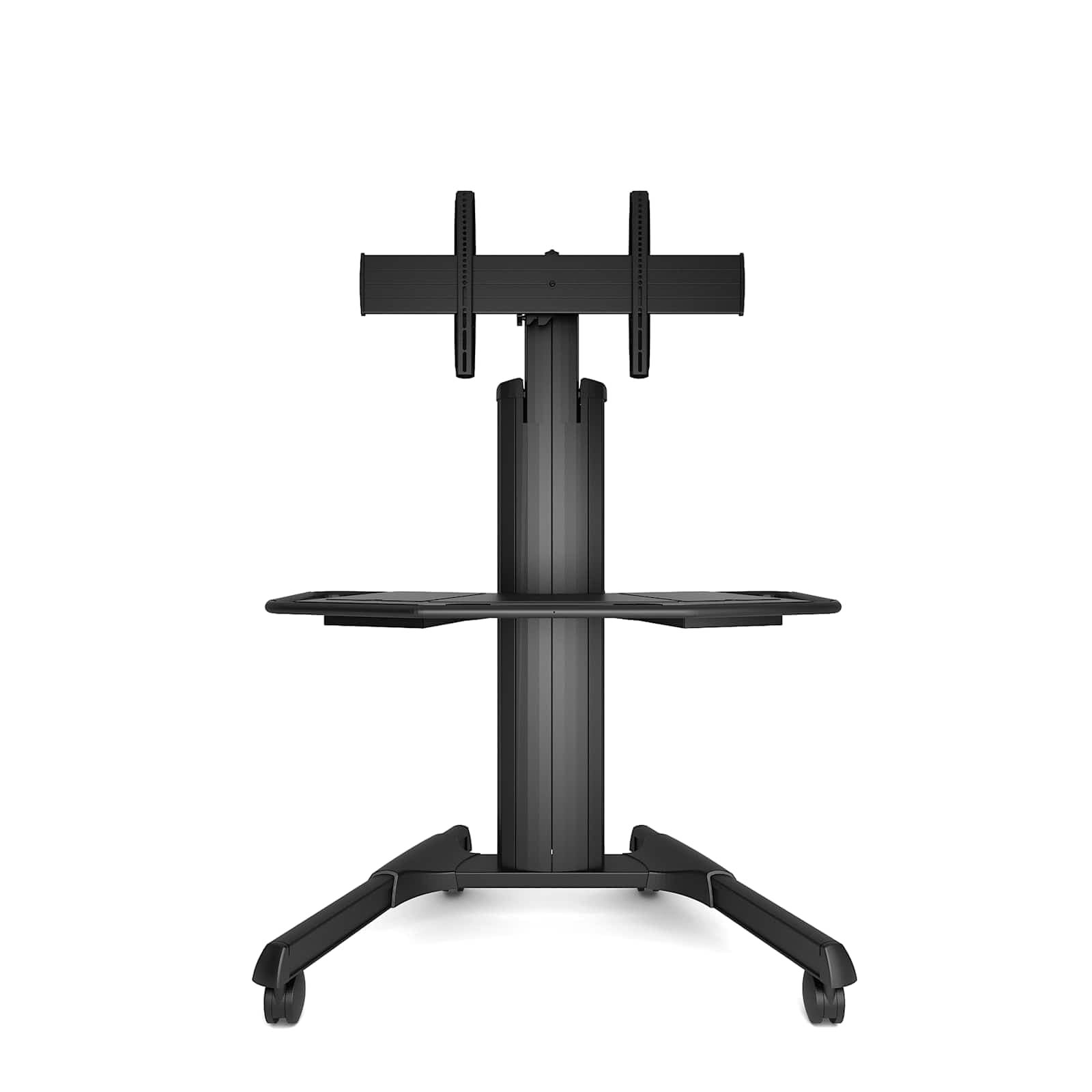 Chief LPAUB large Fusion mobile AV cart in black, shown from the front with the crossbar display interface and a mid shelf fitted. The shelf is an accessory and is sold separately.