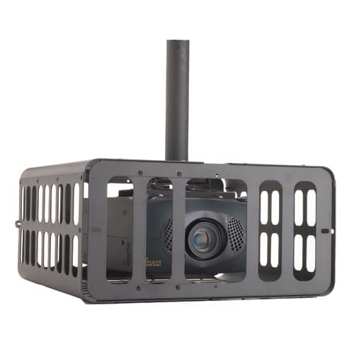 Chief projector security cage in black shown on a ceiling pole with a projector enclosed. Chief publishes no photograph of the large PG3A itself; this is the medium PG1A from the same range, and the PG3A is the larger enclosure.