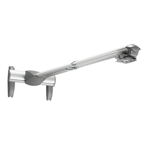 Chief WM230AUS dual-stud short throw projector wall mount in silver, showing the long extension arm on its twin wall struts with the RSMAUS universal projector interface at the far end.