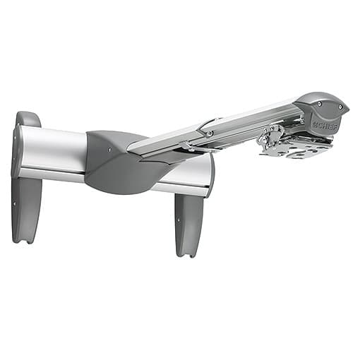 Chief WM220AUS dual-stud short throw projector wall mount in silver, showing the telescopic chrome arm on twin wall struts with the RSMAUS universal projector interface at the end.