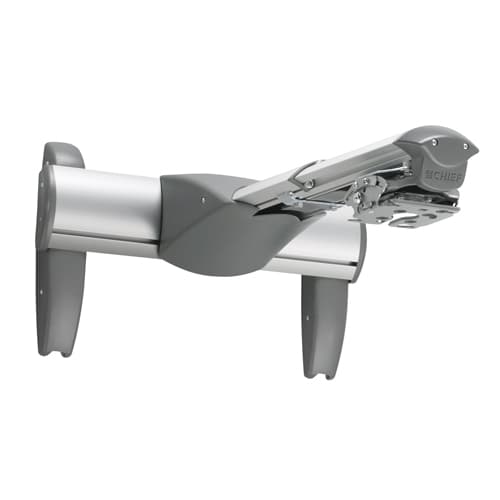 Chief WM210AUS dual-stud ultra short throw projector wall mount in silver, showing the short telescopic chrome arm on twin wall struts with the RSMAUS universal projector interface at the end.