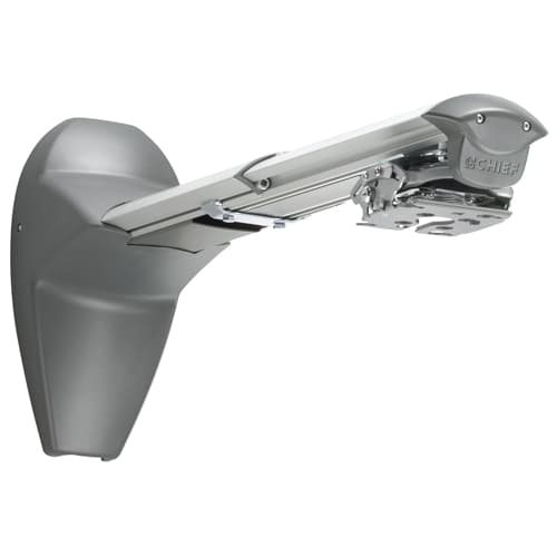 Chief WM120AUS single-stud short throw projector wall mount in silver, showing the extension arm on its single wall plate with the RSMAUS universal projector interface fitted at the end.