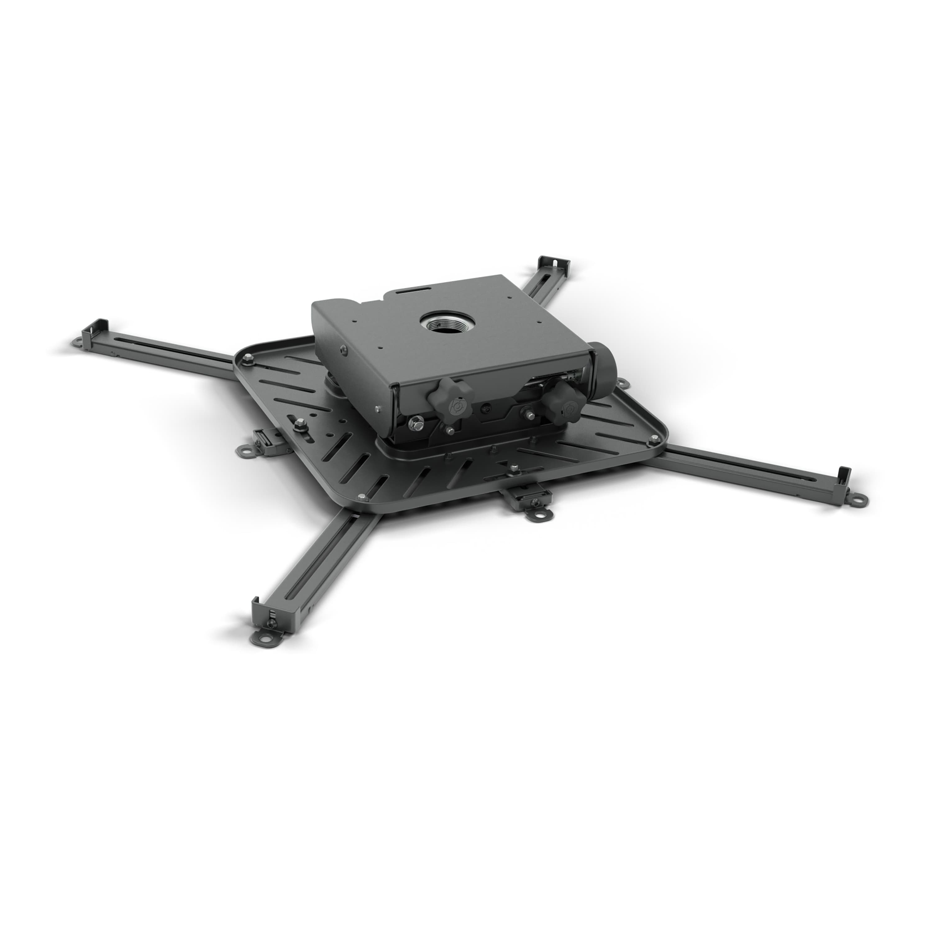 Chief VCTUB extra-large universal tool-free projector mount in black, viewed from above with its four adjustable interface arms extended and the threaded ceiling coupling at the centre of the upper plate.