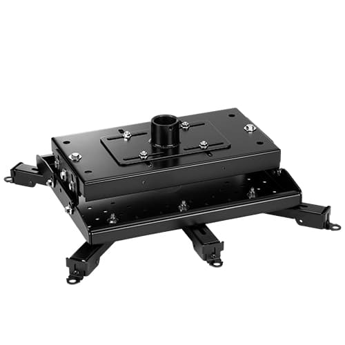 Chief VCMU heavy duty universal projector mount in black, showing the bolted steel body, the threaded ceiling coupling on the top plate and the HBU interface bracket arms beneath.