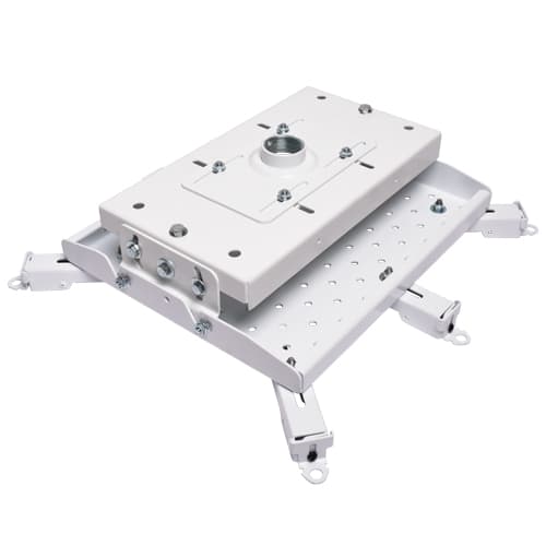 Chief VCMUW heavy duty universal projector mount in white, three-quarter view showing the threaded ceiling coupling on the upper plate and the perforated HBUW interface bracket below it.