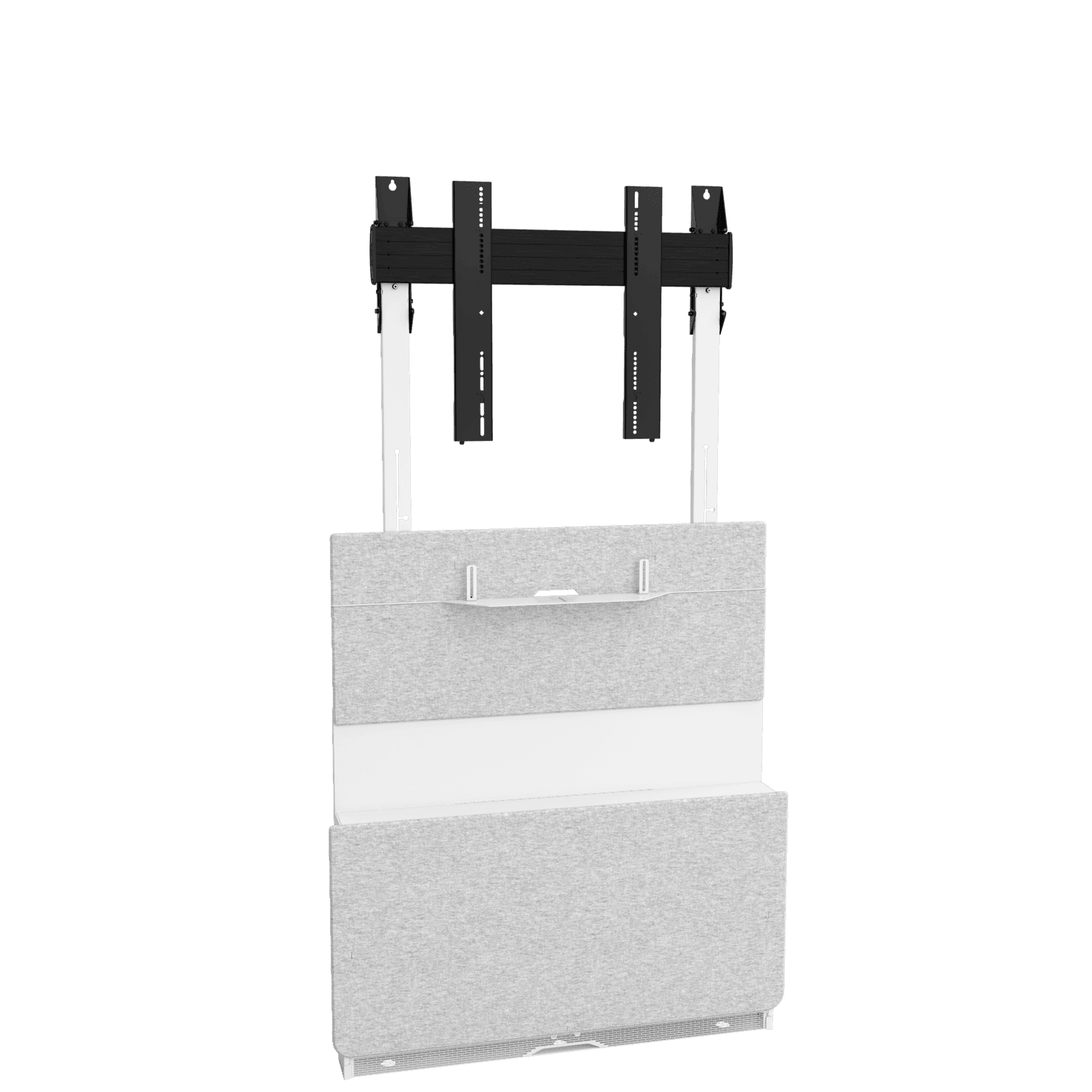 Chief TFSMW Forum (Tempo) floor support mount, front three-quarter view: white powdercoat columns, silver grey PET felt front panels and a black landscape display interface bar. Display not included.