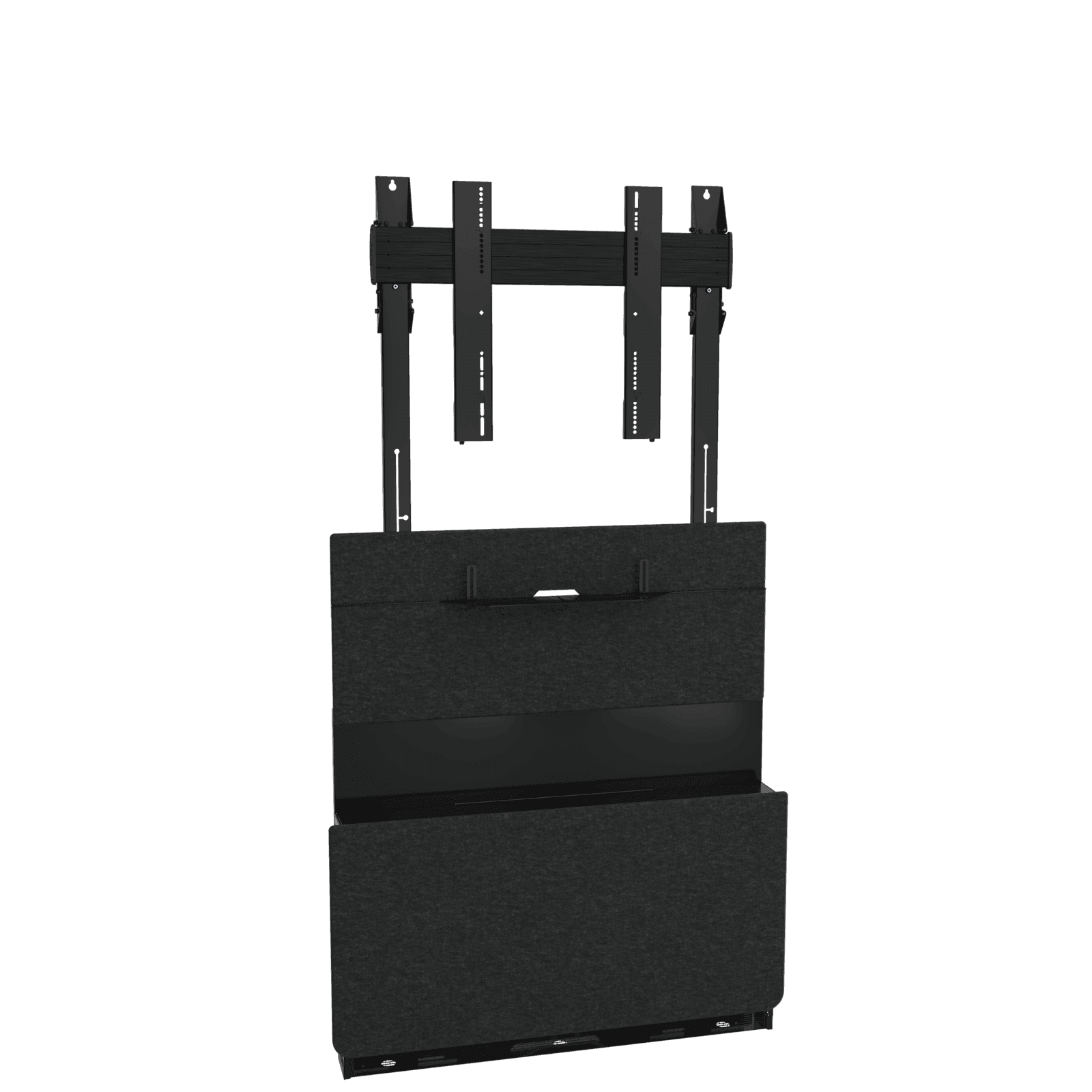 Chief TFSMB Forum (Tempo) floor support mount, front view: black powdercoat columns, charcoal grey PET felt front panels and a black landscape display interface bar. Display not included.