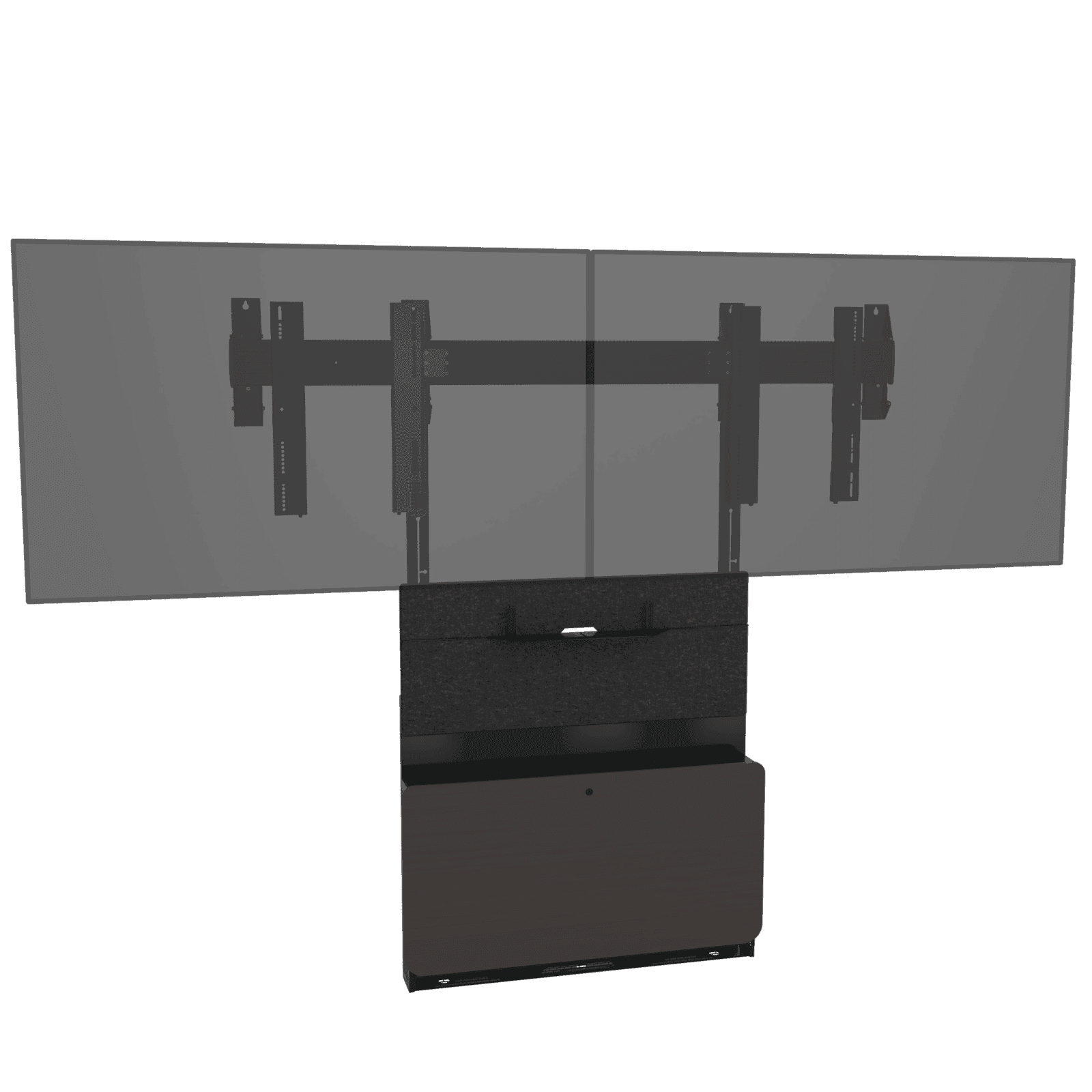 Chief TFSMHB Forum (Tempo) floor support mount in the dark wood-door colourway: black columns, charcoal felt upper panel and a dark Asian Night HPL lower door. Two ghosted display outlines are shown to illustrate the mounting span; displays are not included.