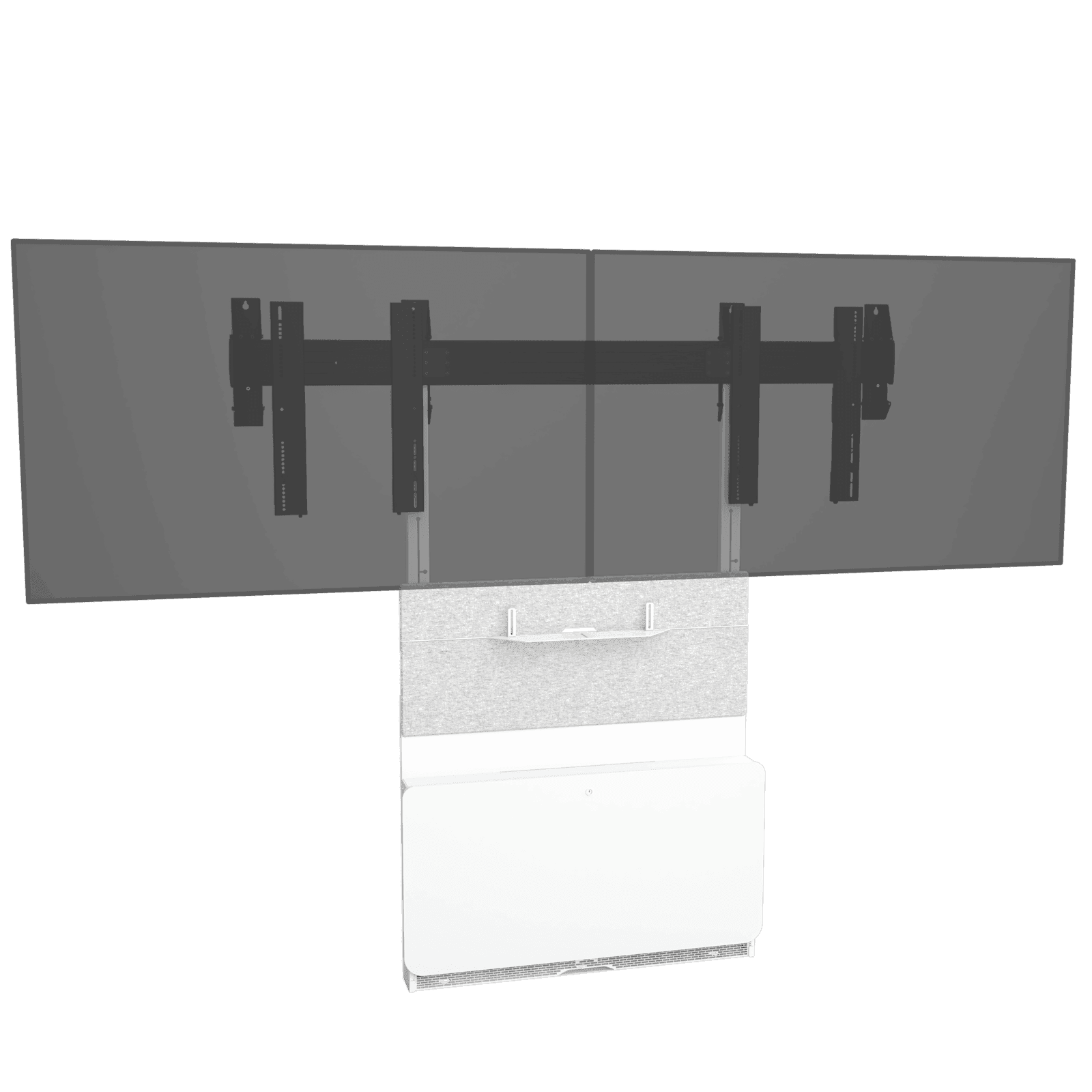 Chief TFSMHW Forum (Tempo) floor support mount in the light wood-door colourway: white columns, silver grey felt upper panel and a Designer White HPL lower door. Two ghosted display outlines are shown to illustrate the mounting span; displays are not included.