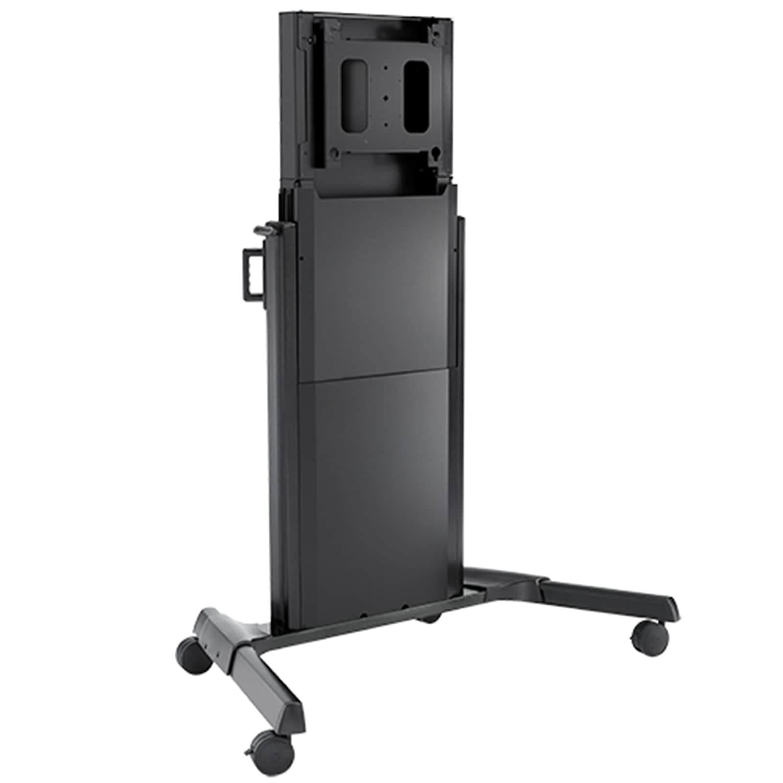 Chief XPD1U electric height adjust display cart in black, three-quarter view: motorised lift column with a VESA plate at the top, storage covers on the column and a splayed castored base. Legrand publishes one set of photographs for the XPD1U chassis and uses it for all cord variants, so this image is of the base XPD1U; the -UK part differs only in the mains lead. Display not included.