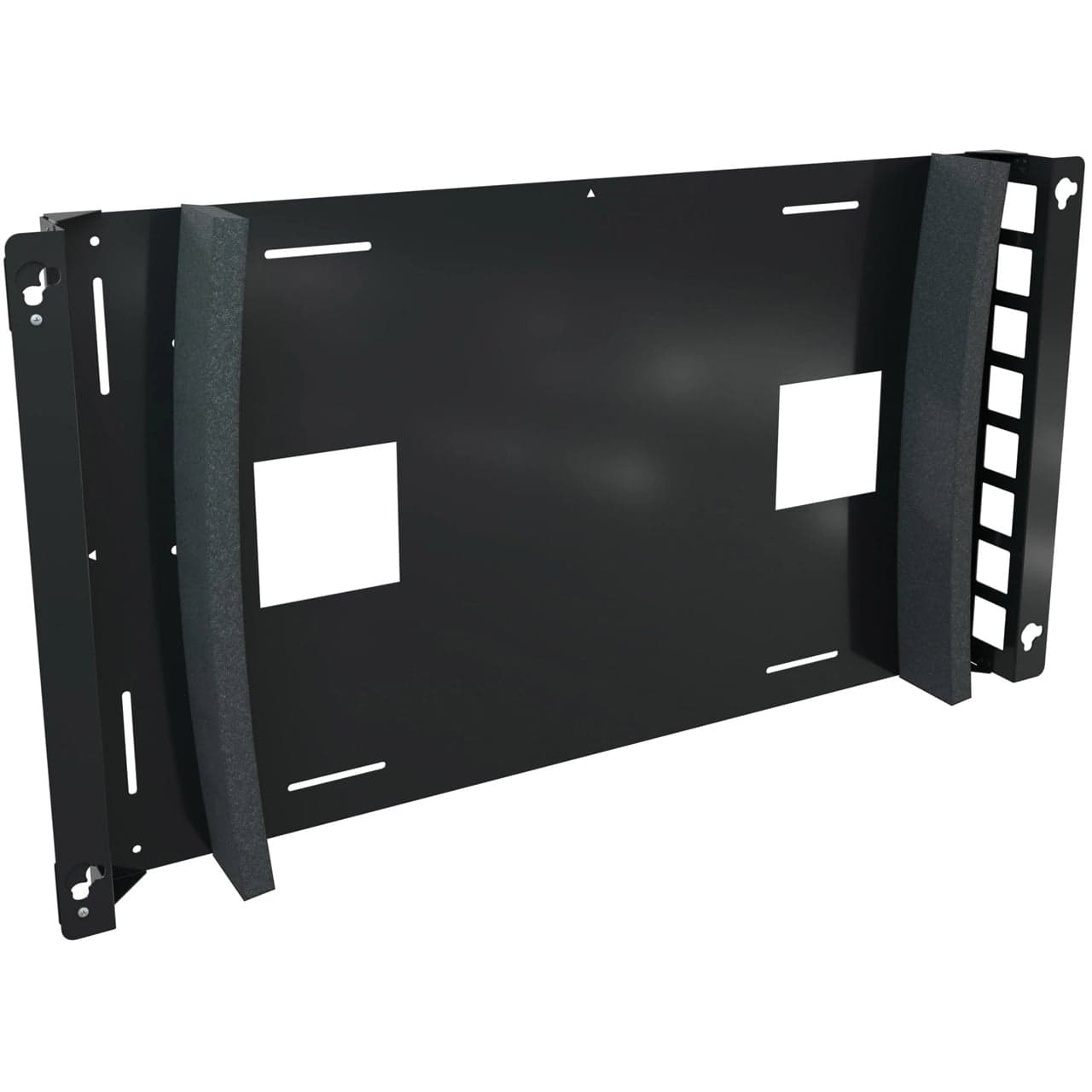 Chief PSMO2169 heavy-duty outdoor wall mount in black, landscape orientation, three-quarter view showing the solid backing plate with two cable access cut-outs, the pair of foam gasket strips and the slotted wall rail at one end.