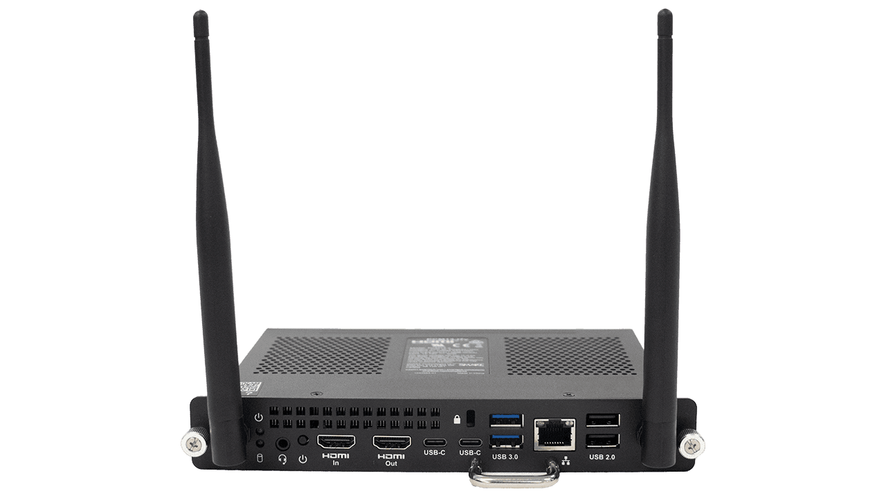 SMART PCM13 OPS PC module, rear view showing ports and antennas