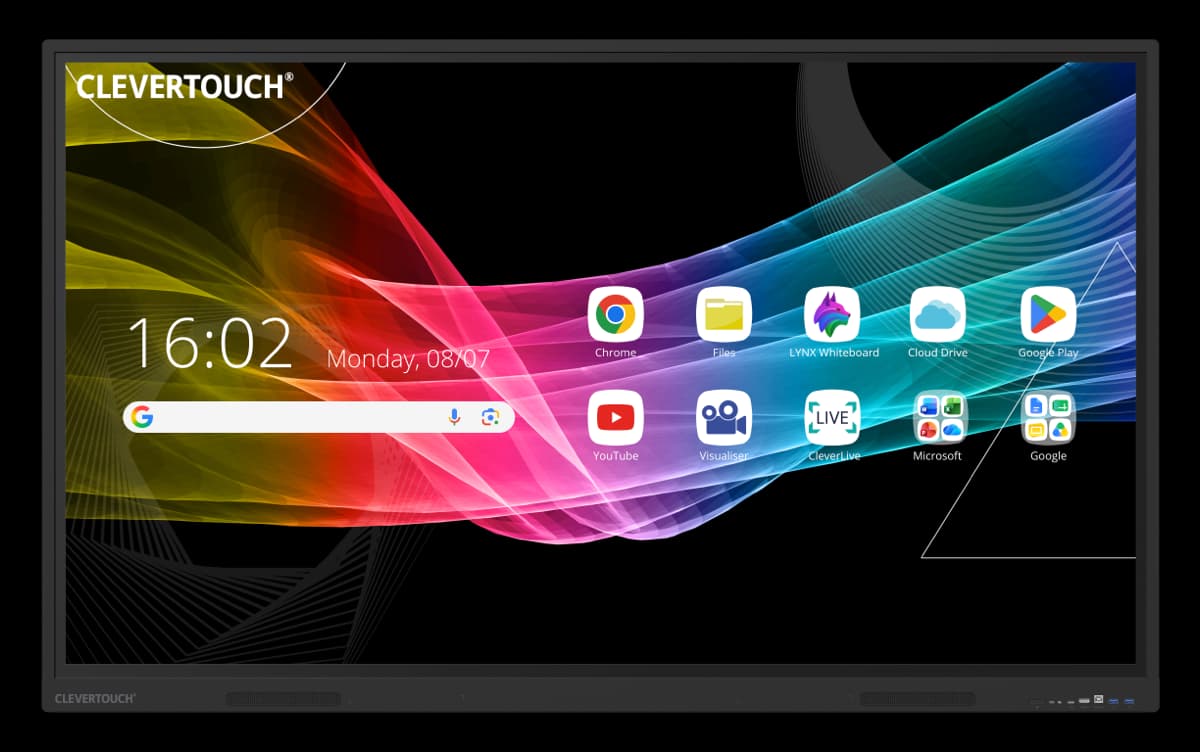 Clevertouch CORE 75" interactive display front view showing the Android 16 home screen