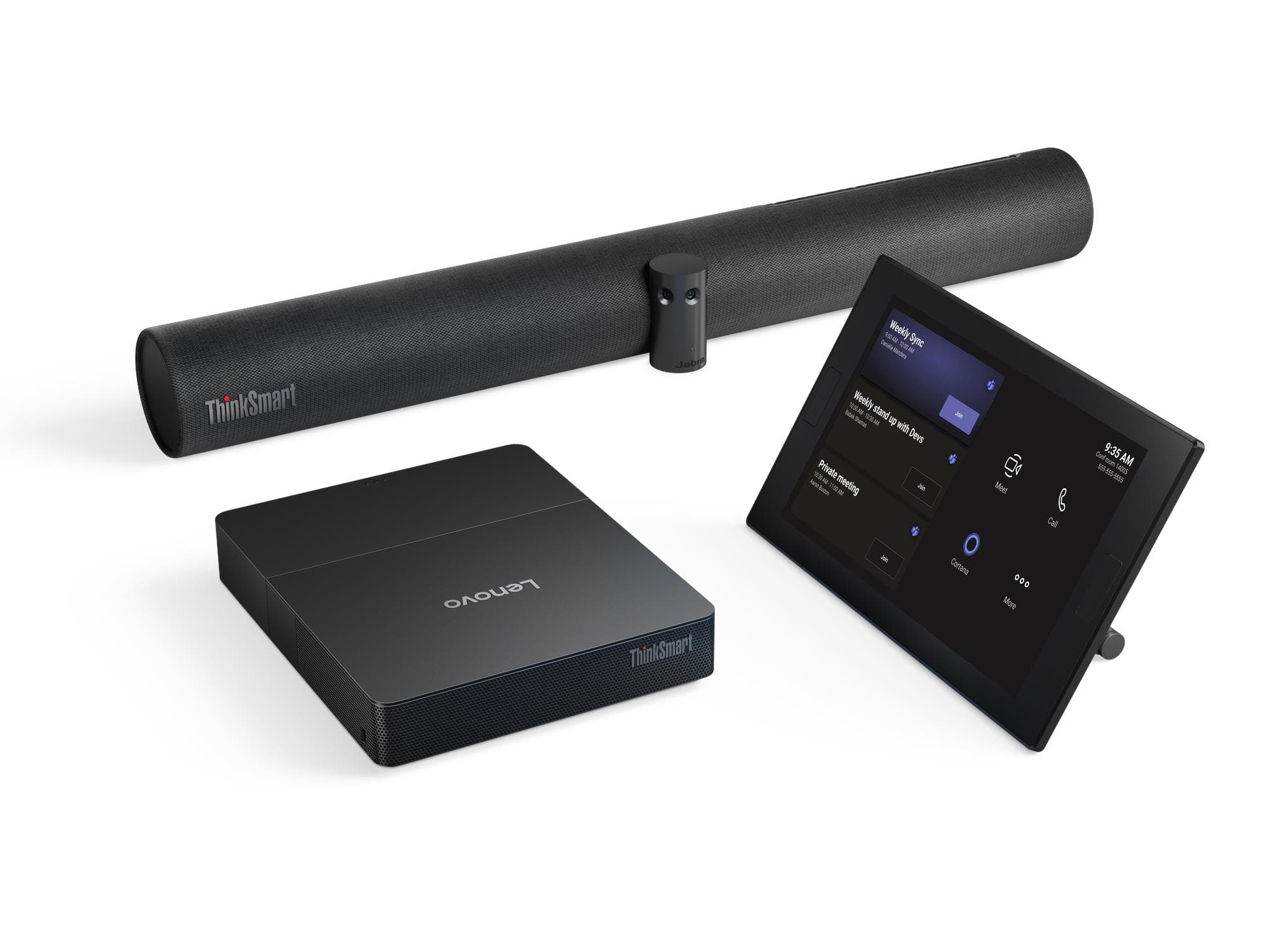 Lenovo ThinkSmart Core Gen 2 for Microsoft Teams Rooms, official Lenovo configuration image showing the compute unit, ThinkSmart Controller touch console and ThinkSmart Bar 180 audio bar