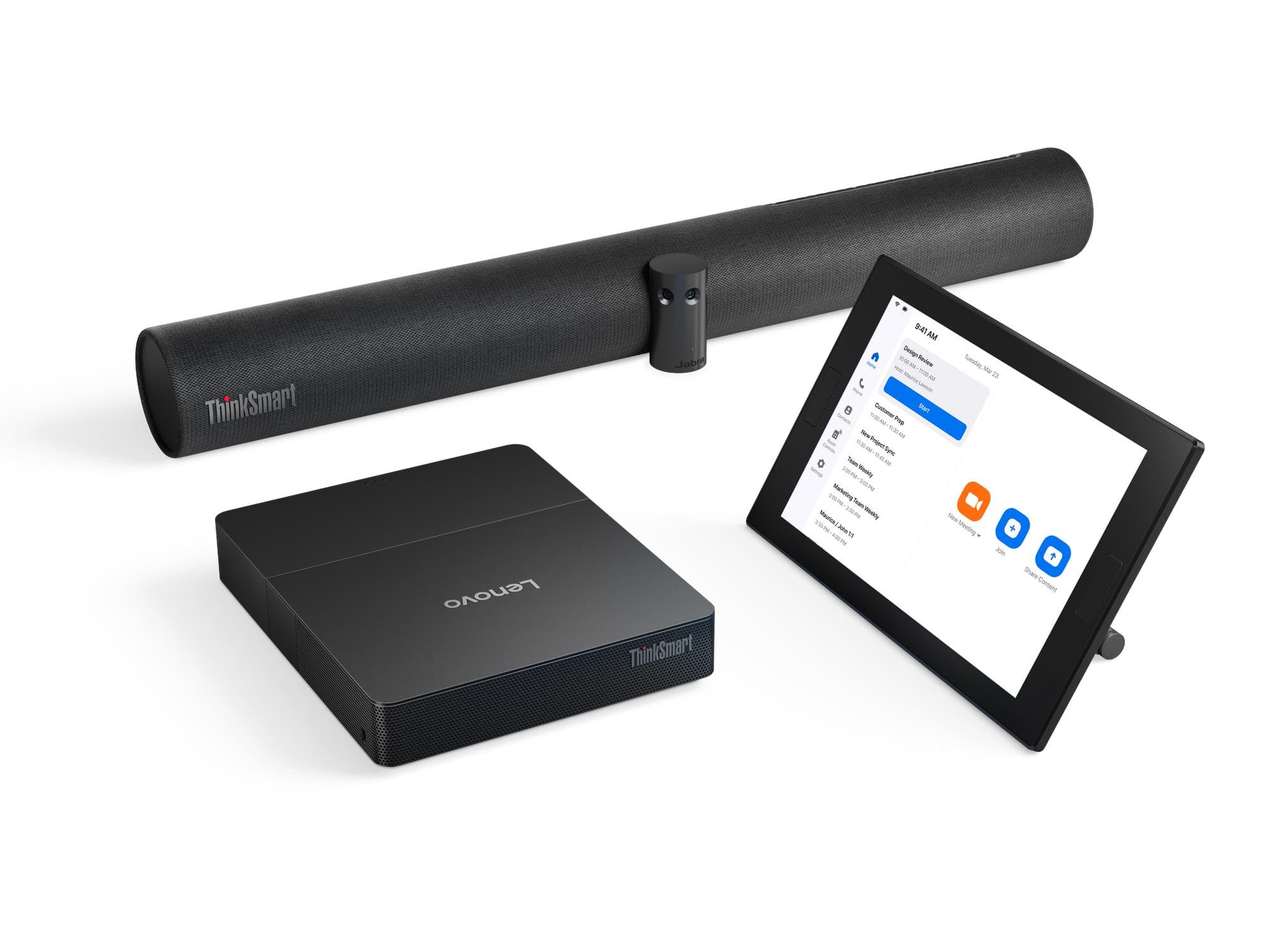 Lenovo ThinkSmart Core Gen 2 for Zoom Rooms, official Lenovo configuration image showing the compute unit, ThinkSmart Controller touch console and ThinkSmart Bar 180 audio bar