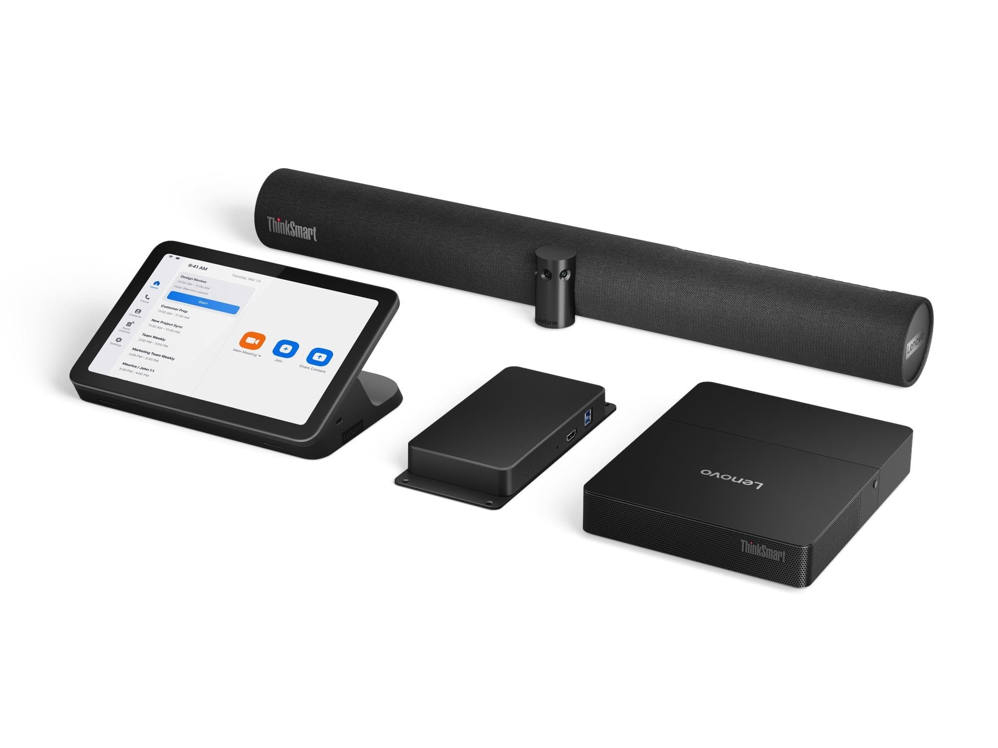 Lenovo ThinkSmart Core Gen 2 for Zoom Rooms, official Lenovo configuration image showing the compute unit, Lenovo IP Controller touch console and ThinkSmart Bar 180 audio bar