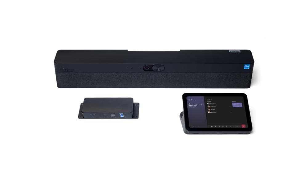 Lenovo ThinkSmart One Pro all-in-one video bar for Microsoft Teams Rooms, official Lenovo image showing the bar and its touch console
