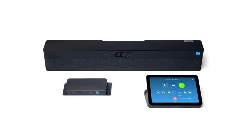 Lenovo ThinkSmart One Pro all-in-one video bar for Zoom Rooms, official Lenovo image showing the bar and its touch console