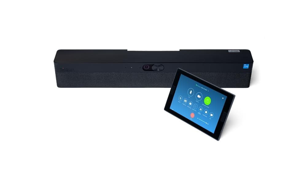 Lenovo ThinkSmart One Pro all-in-one video bar for Zoom Rooms, official Lenovo image showing the bar and its touch console