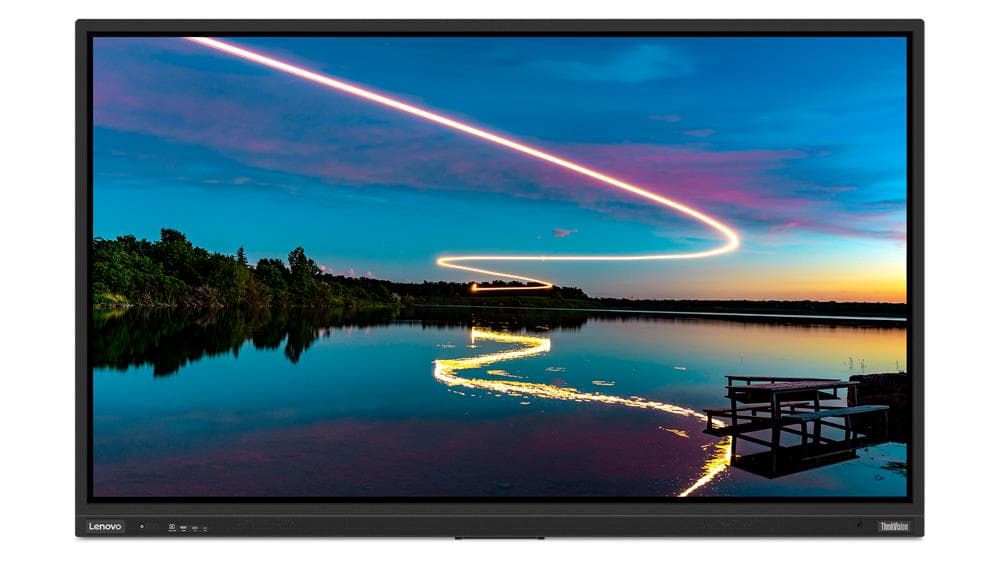 Lenovo ThinkVision T86 86-inch interactive display, official Lenovo product image of the T86 series panel — Lenovo publishes one photograph for both variants of this model; the bundled ThinkPlus MD80 dongle that distinguishes the sibling part number is not shown.