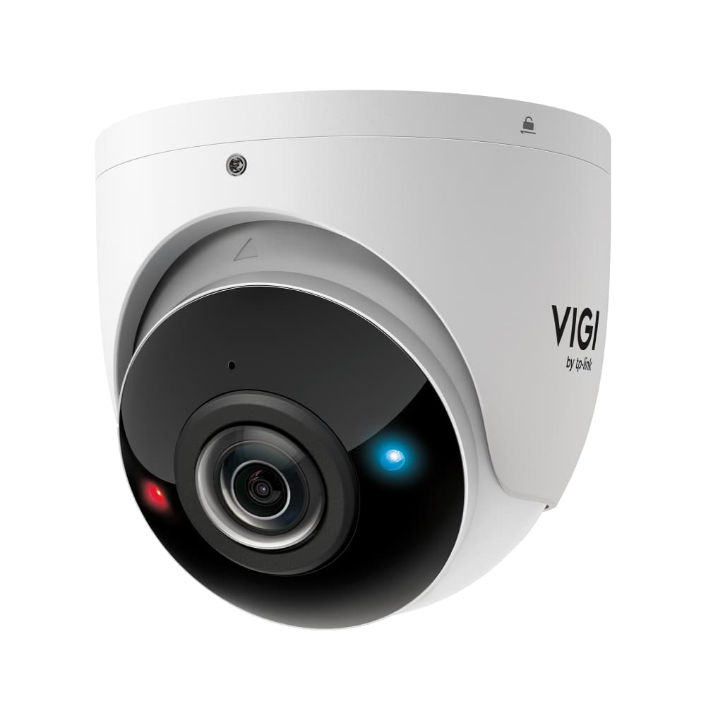TP-Link VIGI InSight S485PI 8MP panoramic turret network camera showing the wide-angle lens module