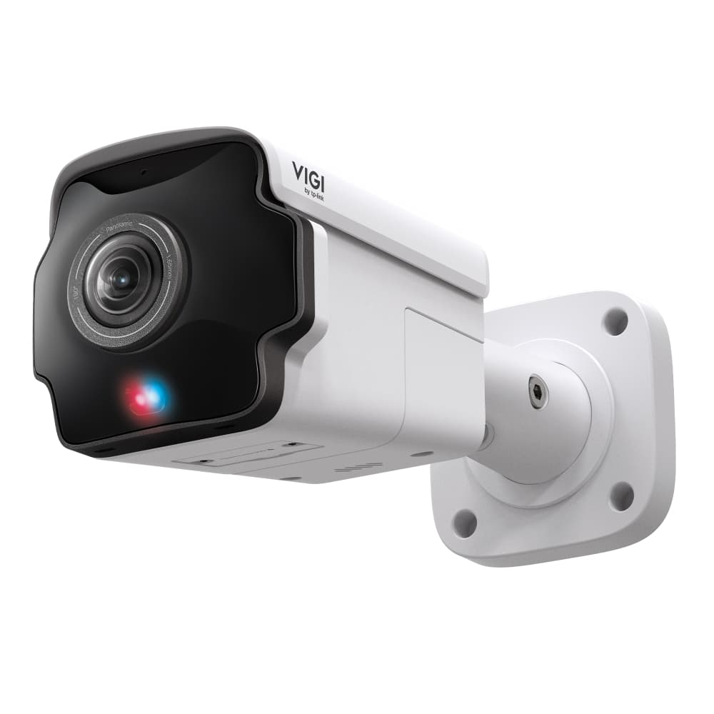TP-Link VIGI InSight S385PI 8MP panoramic outdoor bullet network camera with mounting arm, side view