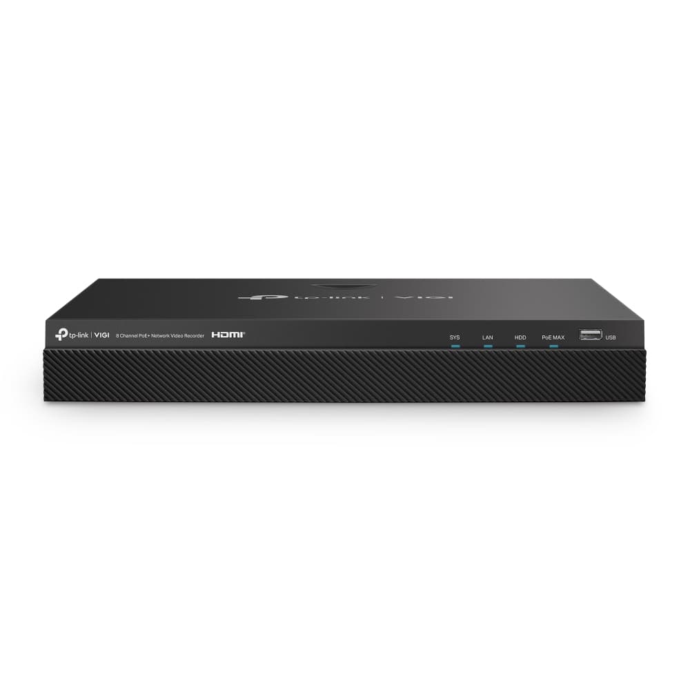 TP-Link VIGI NVR2008H-8MP 8-channel PoE+ network video recorder, front panel view of the black desktop chassis