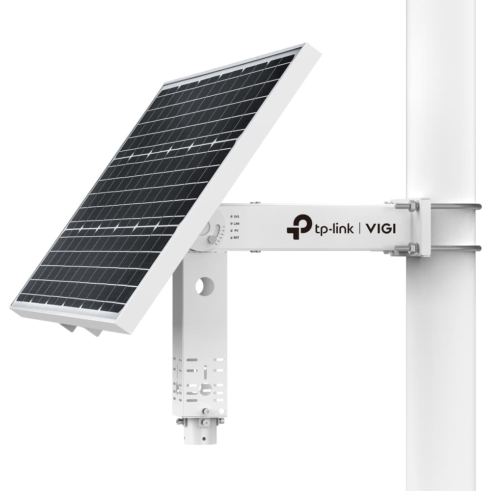TP-Link VIGI SP9030 intelligent solar power supply system showing the 90 W panel and battery enclosure on a pole