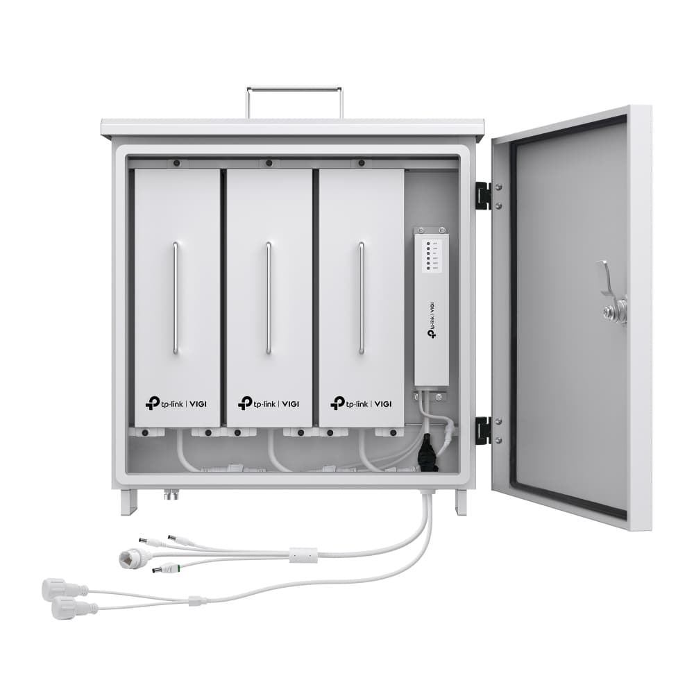TP-Link VIGI PS90 solar system controller enclosure with three lithium battery modules