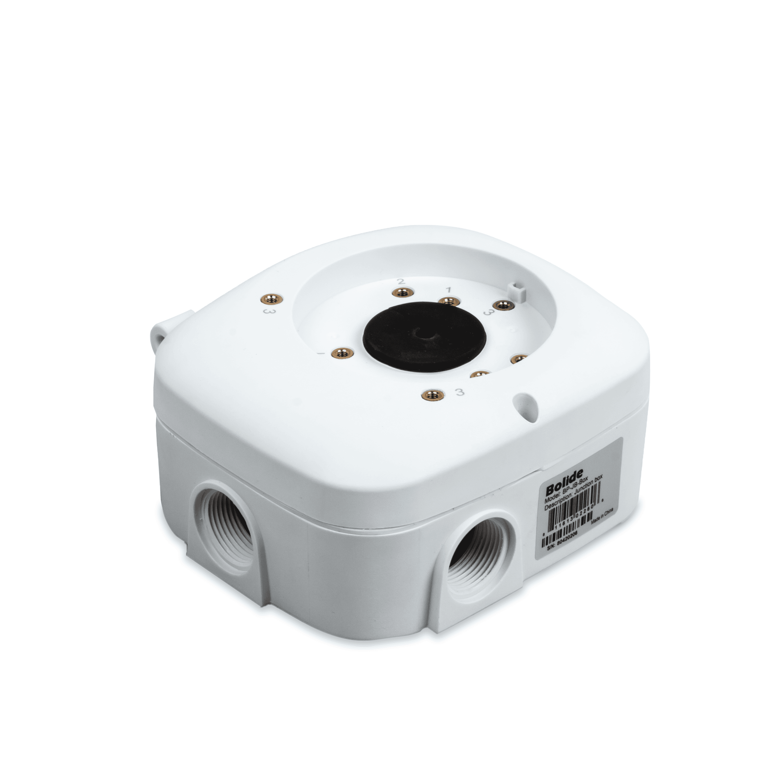 Bolide BP-JB-BOX hinged camera junction box, angled view of the white enclosure