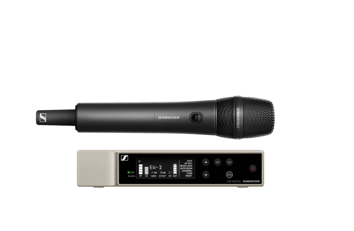 Sennheiser EW-D 835-S Set: handheld transmitter with e 835 capsule beside the EW-D receiver. Manufacturer set image.
