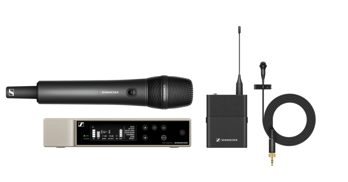 Sennheiser EW-D ME2/835-S combo set: receiver, handheld transmitter and bodypack with clip-on microphone. Manufacturer set image.