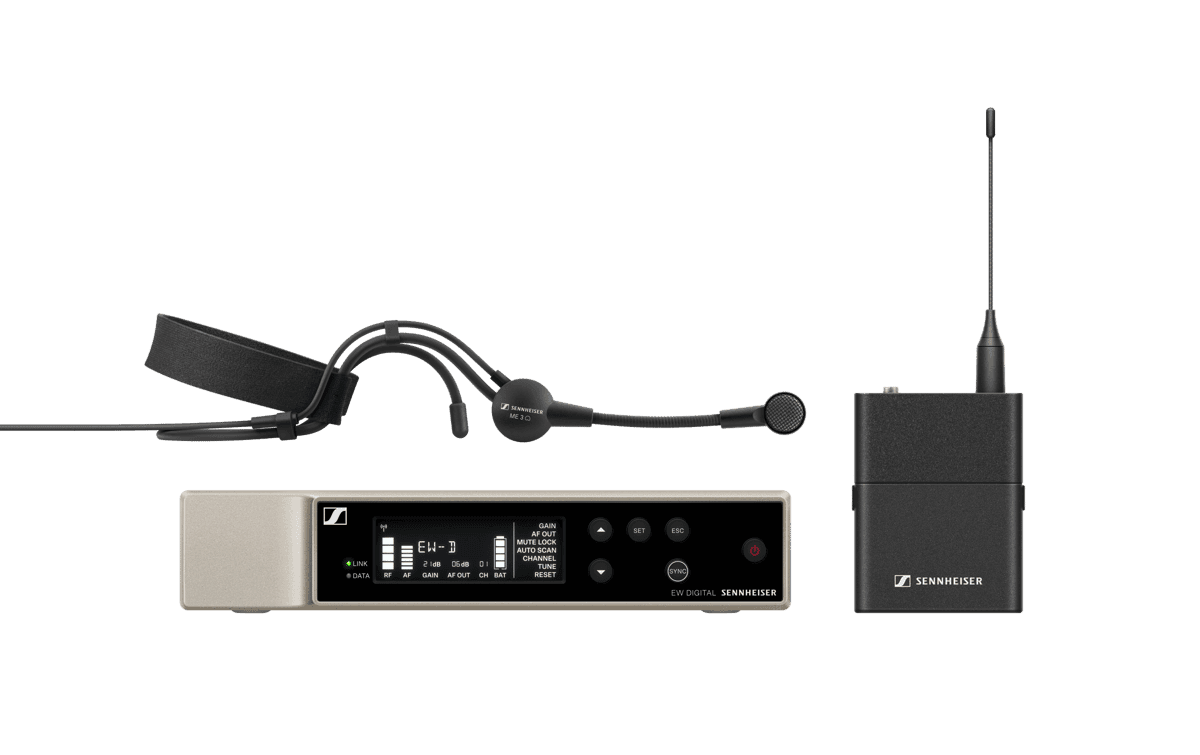 Sennheiser EW-D ME3 Set: bodypack transmitter, ME 3 headworn microphone and receiver. Manufacturer set image.