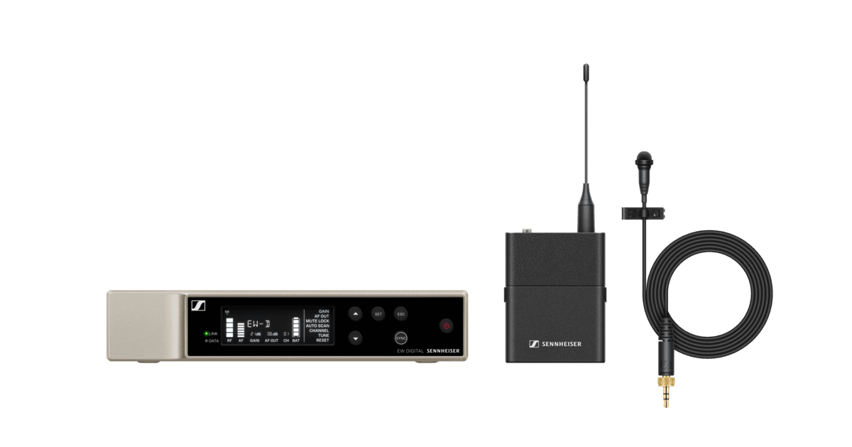 Sennheiser EW-D ME2 Set: bodypack transmitter, ME 2 clip-on microphone and receiver. Manufacturer set image.